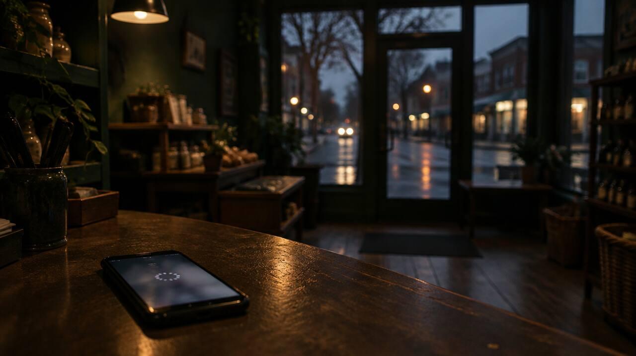 An empty shop at dusk with a phone stuck on a loading screen